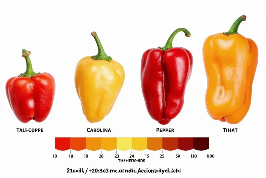 Visual representation of pepper Scoville scale showing bell pepper to Carolina Reaper progression