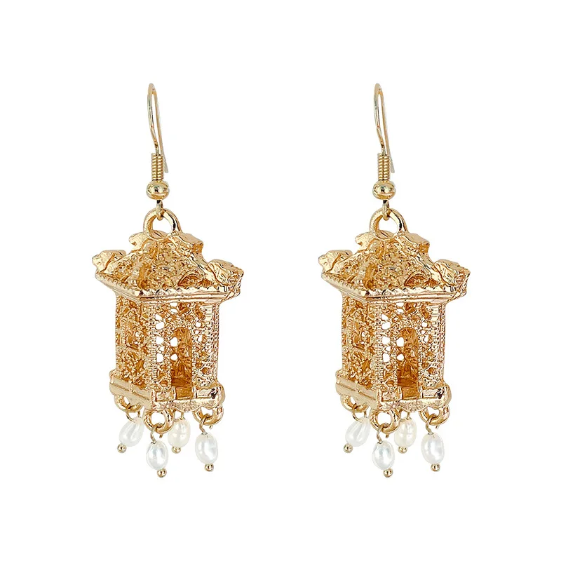 

Chinese style retro ink pavilion elegant dangling earrings pendent mabe pearl earring lantern pyramid three-dimensional earrings, As picture