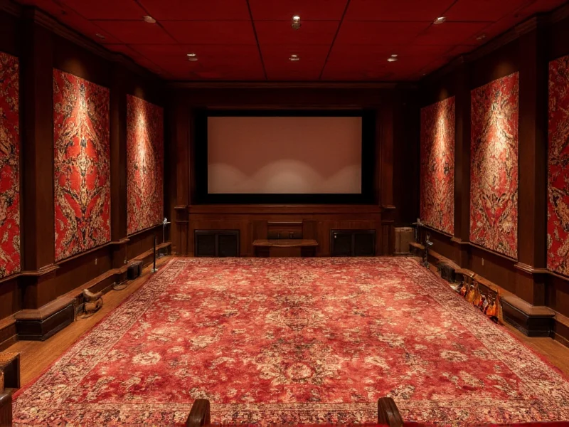 Homemade theater acoustic treatment with rugs and tapestries