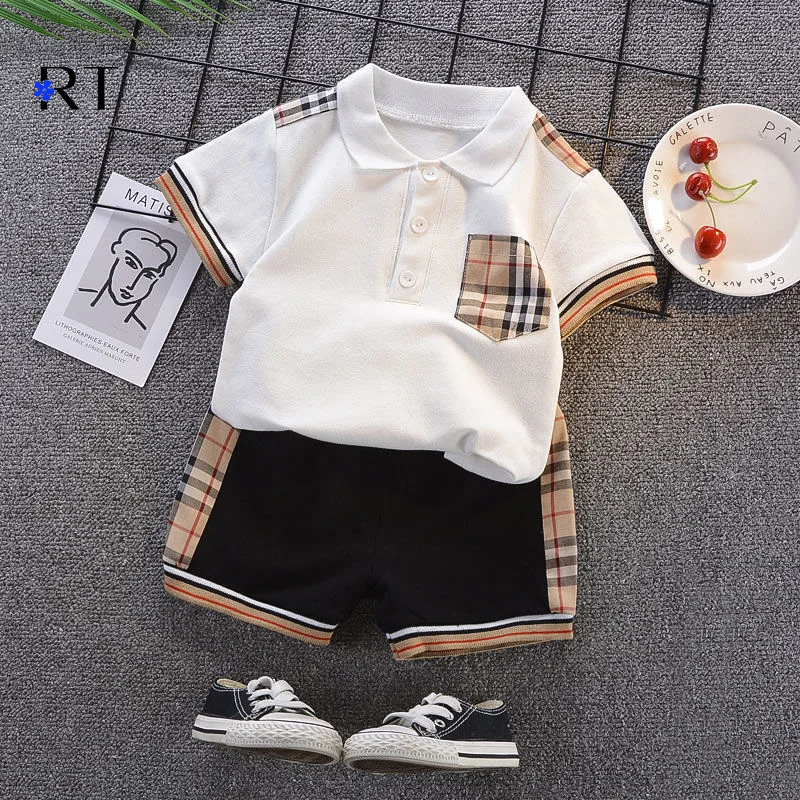 

New arrival summer casual Boys 2 Pieces Clothing Set short sleeves plaid polo shirt +shorts clothing set for kids, Picture