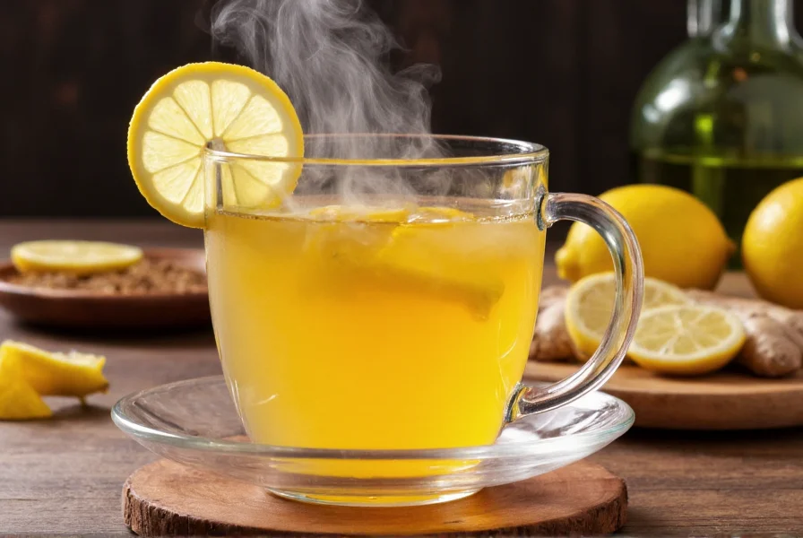Steaming cup of freshly brewed ginger tea with lemon slice and fresh ginger pieces