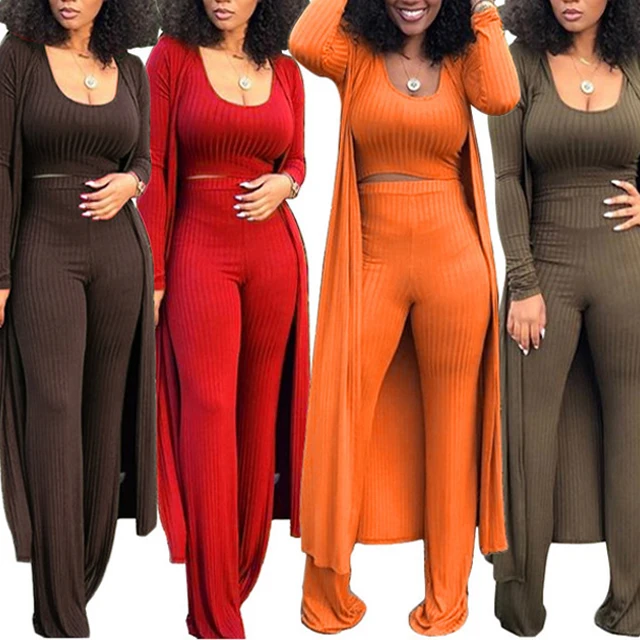 

Y0823 Plus Size women clothing 3 piece suits ribbed jumpsuit with long coat