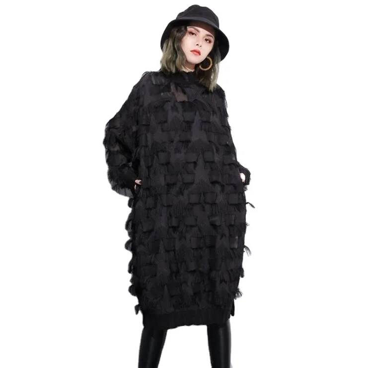 

Wholesale Plus Size Women's Dresses 2021 Autumn Loose Five-Pointed Star Lace Midi Black Sheer Layer Casual Mesh Top Dress