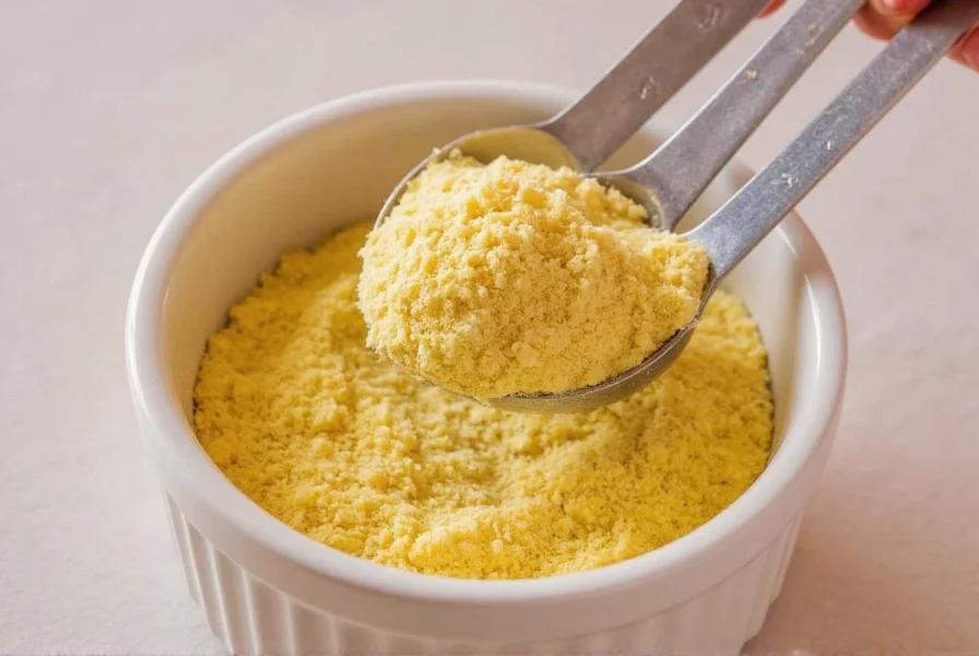 Close-up of asafoetida powder in a small bowl with measuring spoons