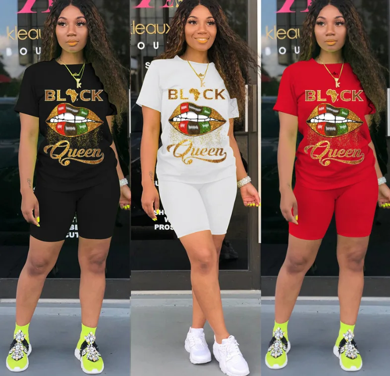 

INS Hot Sale Cotton with Spandex Short Sleeve 2021 Summer Womens Two Piece Outfits Plus Size, Black,white,red