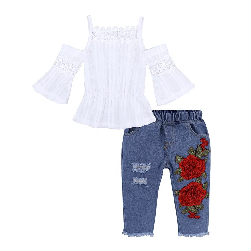 

B52908A Child clothing set summer hot sale little girls fashion t-shirt with jeans pants, Shown