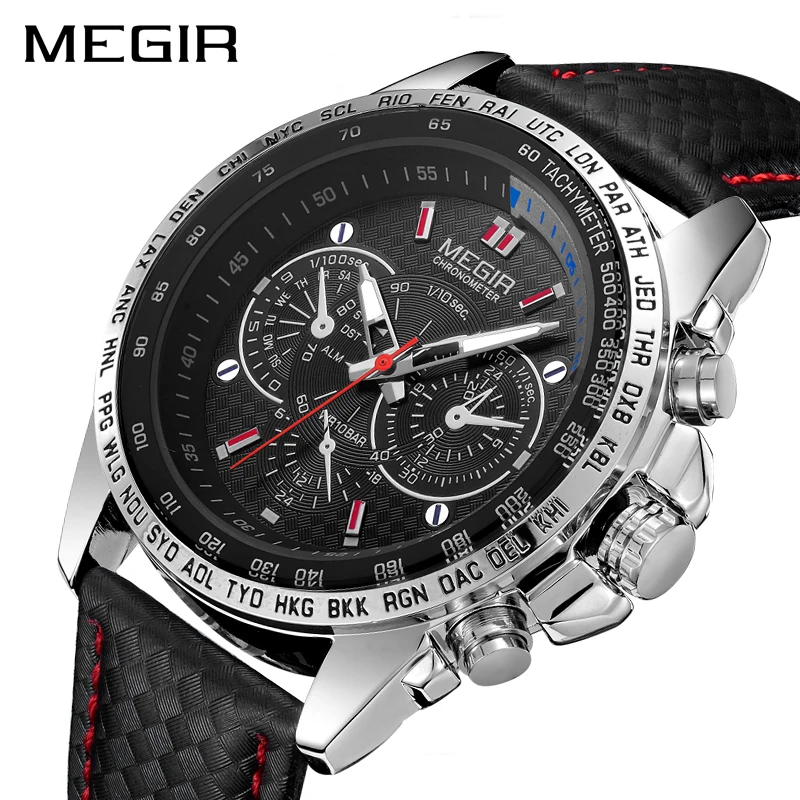 

Megir 1010 Brand Leather Men Watch Analog Dials Sport Waterproof Quartz Watches Men