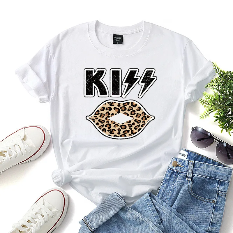 

Pullover KISS Leopard Lip Print Lady Top Round neck street t-shirt