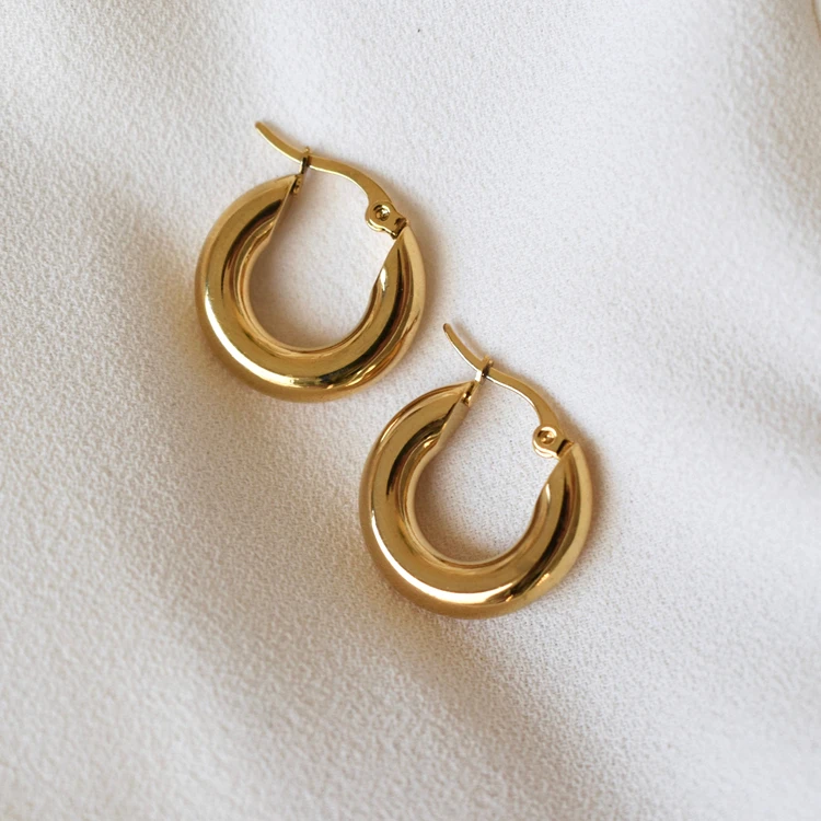 
18K Gold Plated Minimalist Women Jewelry 316L Stainless Steel Hypoallergenic Chunky Thick Hoop Earrings 