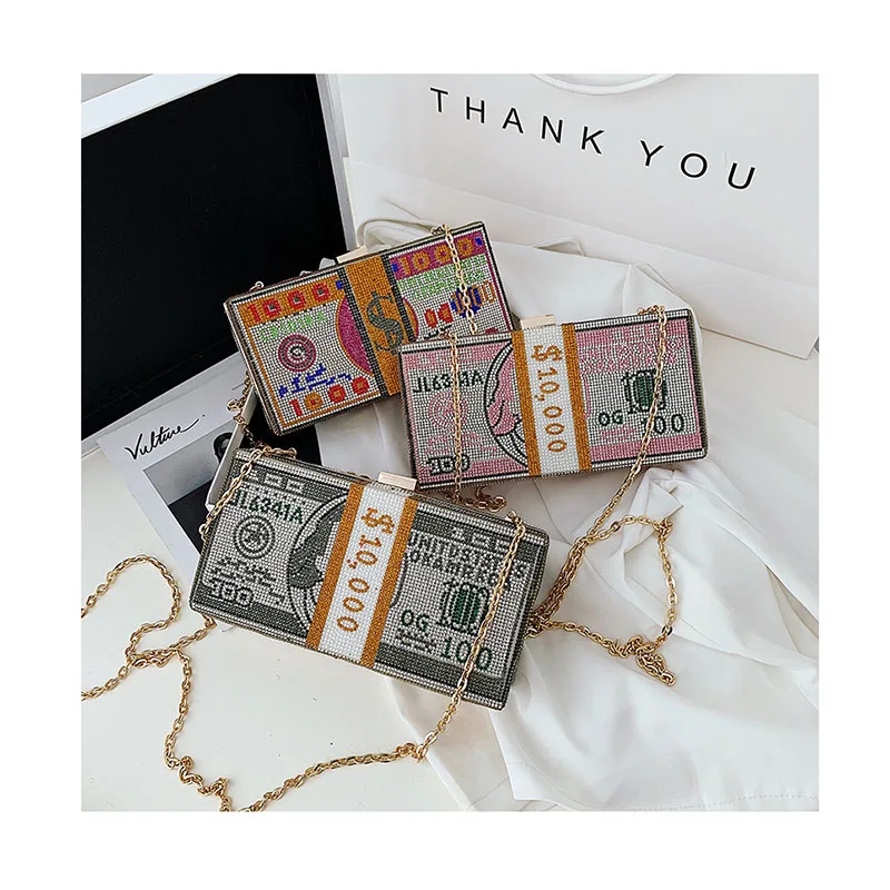 

Dollar Money Shoulder Bag For Women Luxury Mini Box Purses Handbags Rhinestone Evening Clutches New Dinner Party Fashion Bags, Customized color