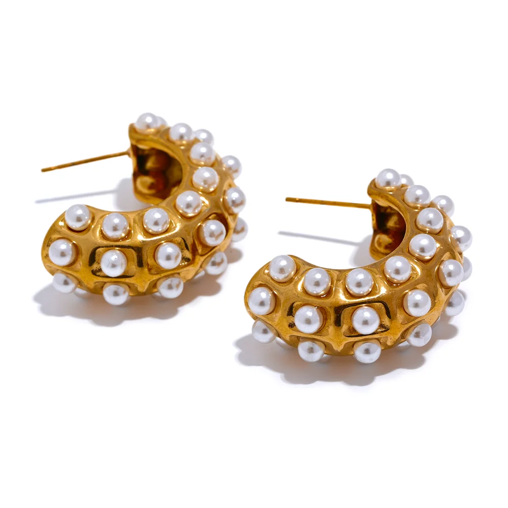 

JINYOU 1727 Chunky Imitation Pearls Colorful Resin Stainless Steel C Shape Gold Color Earrings Vintage Fashion Jewelry Bijoux