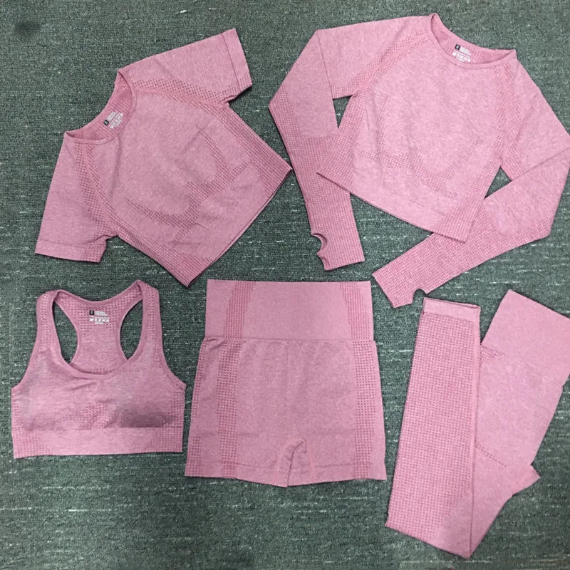 

Free Sample Factory Directly Unique Breathable Pastel Solid Color Highwaist 5Pcs Fitness Sets Clothing Yoga Women Yoga Sets, Customized colors