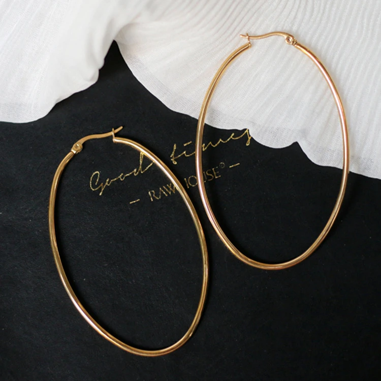 

High Quality 18k Gold PVD Plated Stainless Steel Big Large Oval Hoop Earrings, Silver, gold, rose gold color