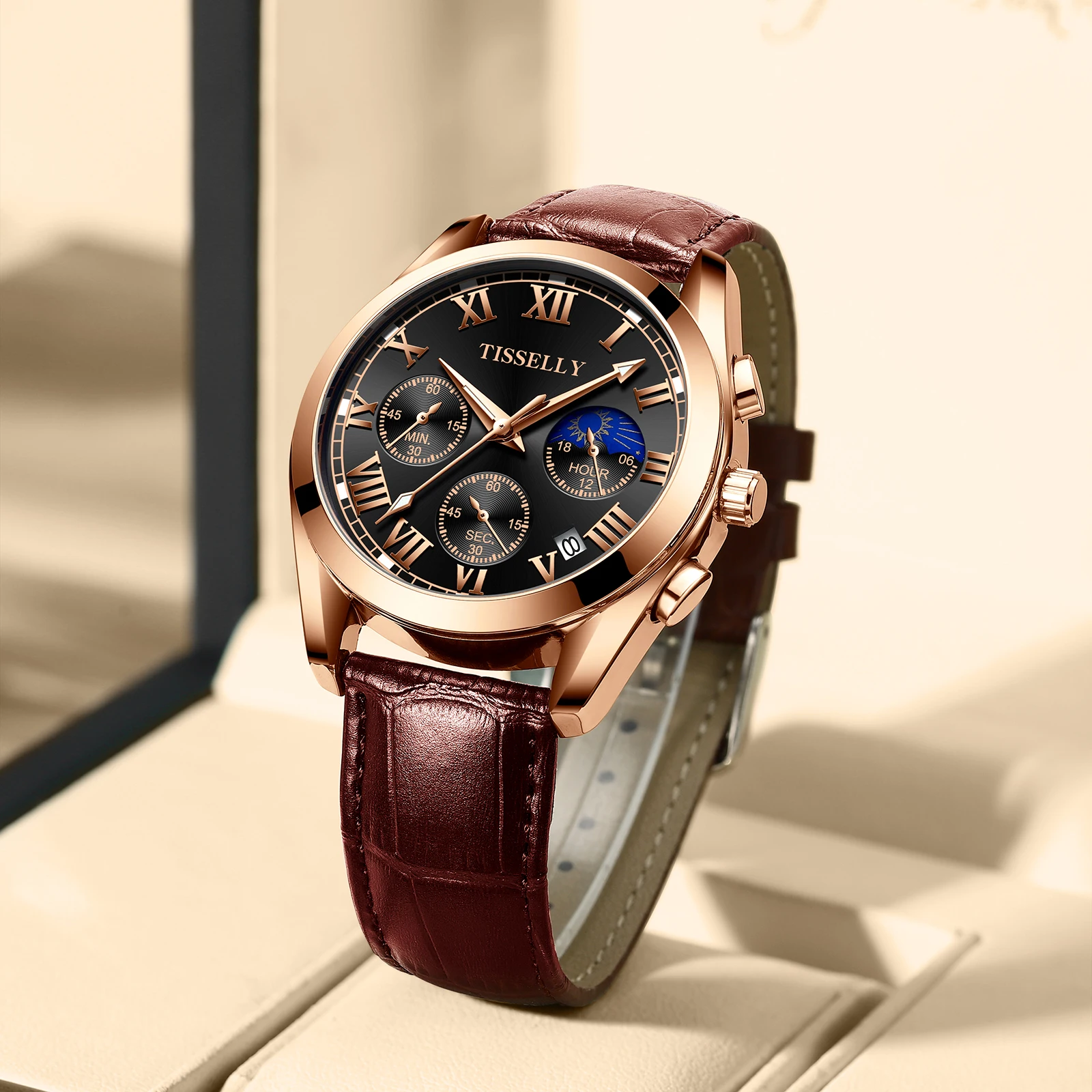 

Quality Warranty Quartz Gold Metal Luxury Genuine Leather Band Watch Low MOQ Custom Watches Men Wrist Reloj 6602, Rose gold