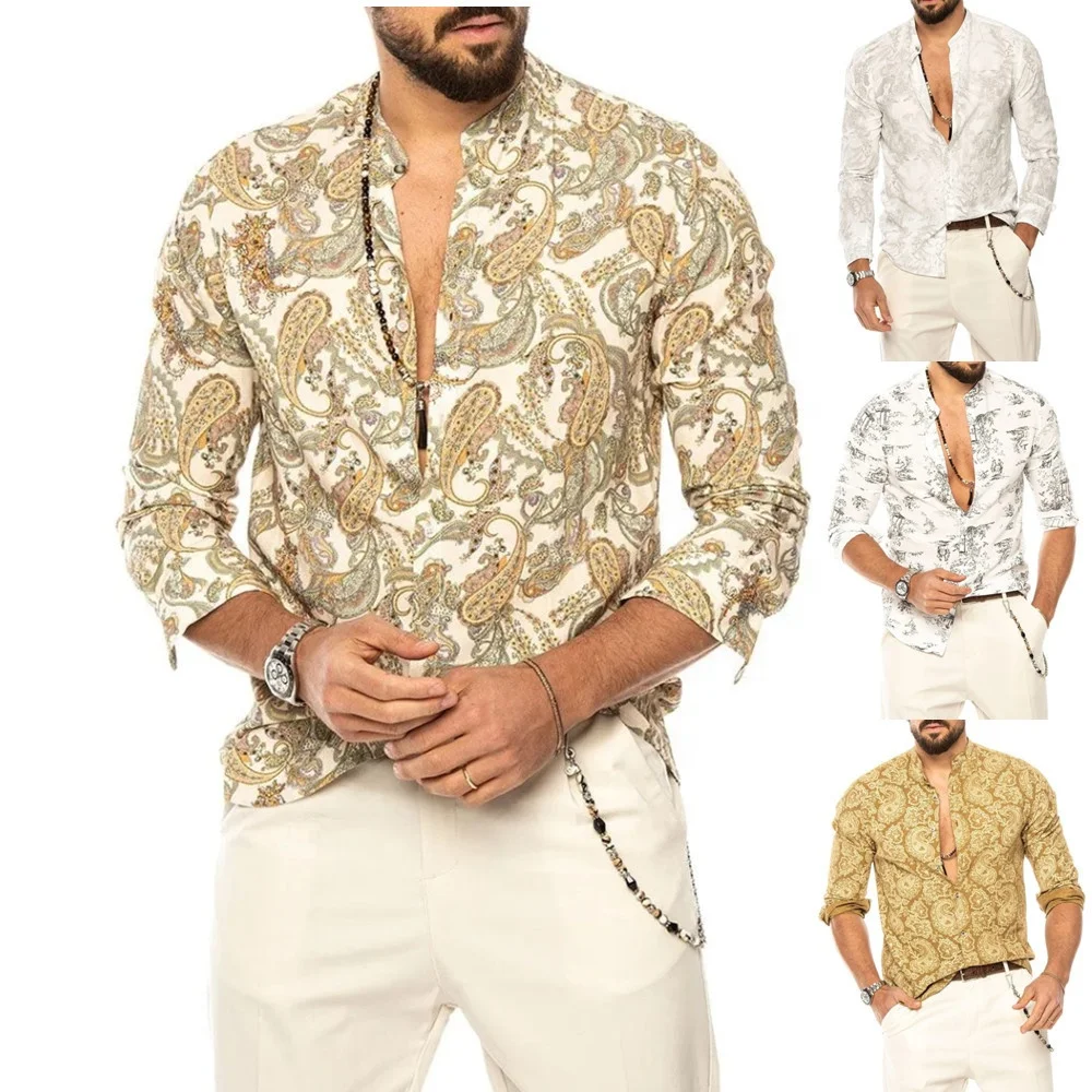 

2022 Summer Fashion V Neck Button Print Casual Men's Shirts