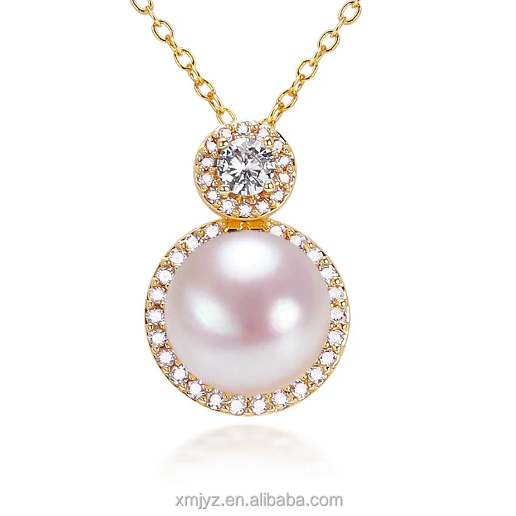 

New Boutique 18K Gilded Craft Zircon Princess Style Natural Freshwater Pearl Necklace Round Pearl Pendant