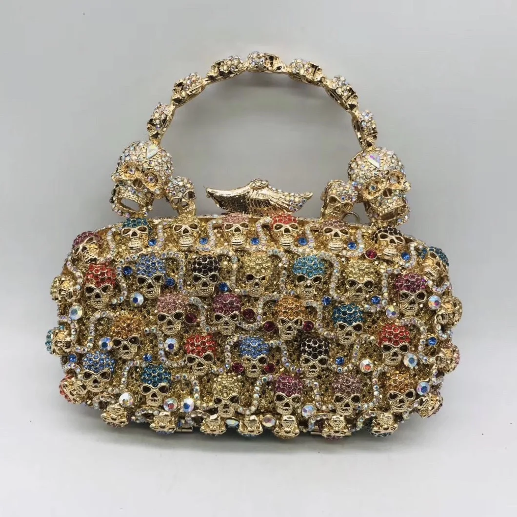 

New fashion gold crystal bag with handle cheap price Skull shape rhinestones nigerian handmade bag