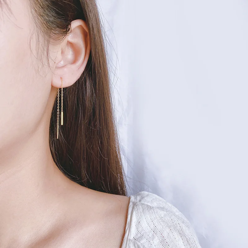 

New Simple Threaders S925 Sterling Silver Earrings Wire Ear Jewelry Geometric Ear Wrap Bar Shaped Long Link Chain Ear Line, Gold/silver color