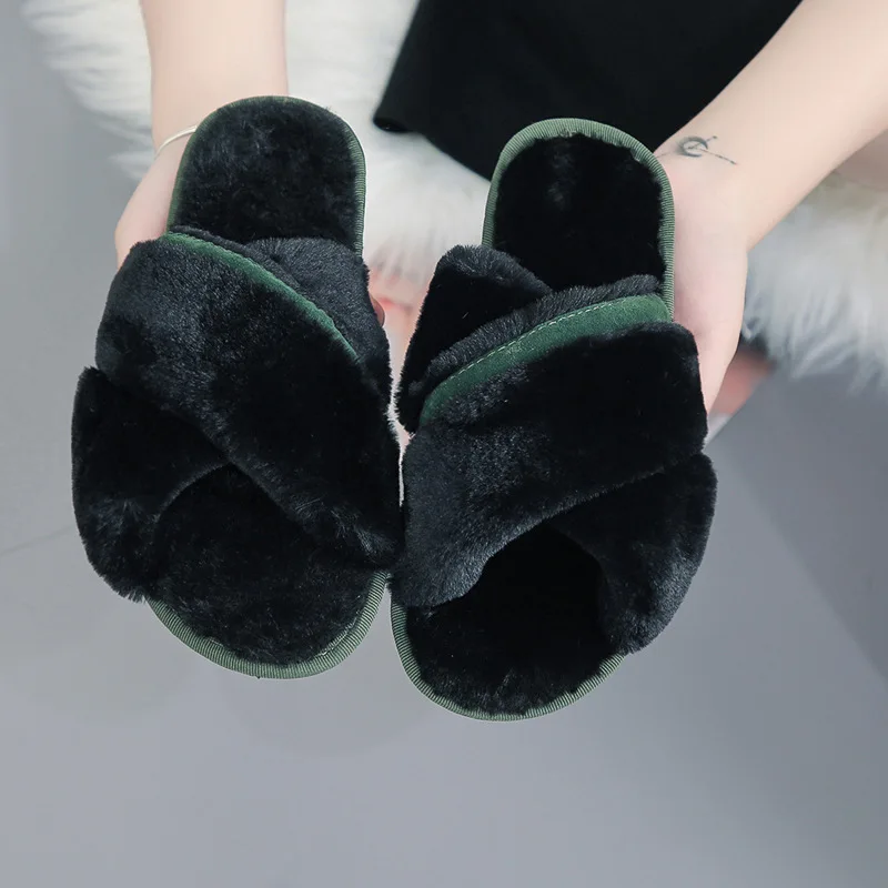 

Evawanna Warm Ladies Cross Soft Plush Furry Female Open Toe Slides Fashion Shoes Winter Warm Shoes Indoor Slippers, Black