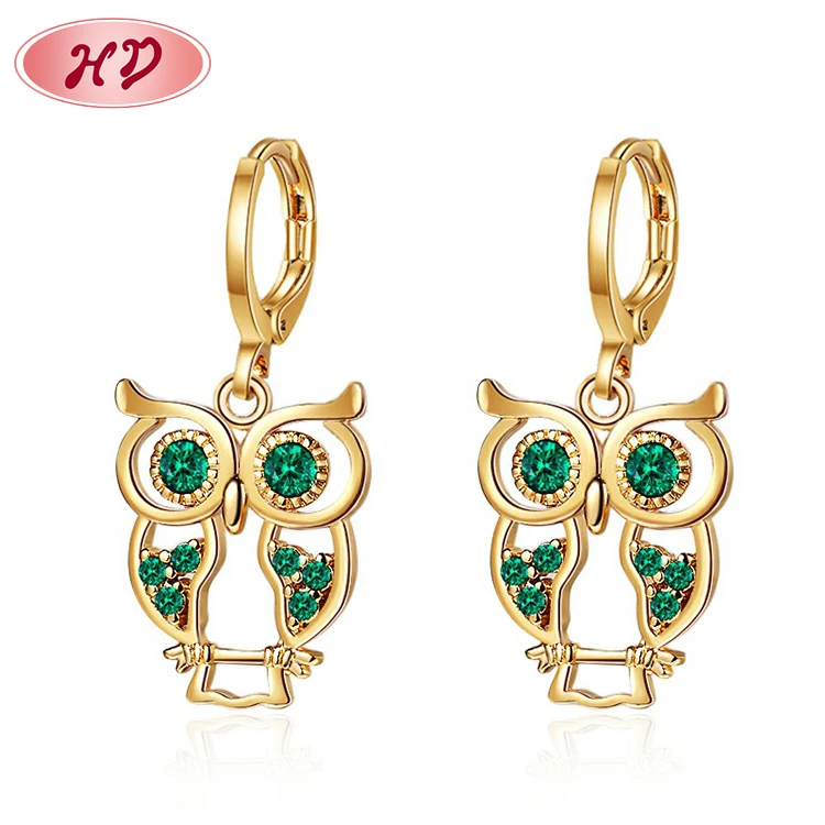 

Wholesale Brass 18K Gold Plated Color Cubic Zirconia Holiday Animal Green Owl Dorp Earrings For Women Fashion Jewelry