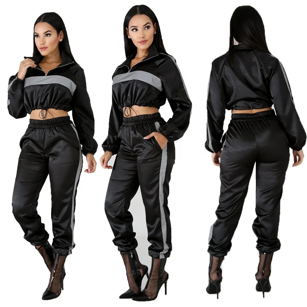 

B60593A Hot style long sleeve patchwork sports suit in spring and summer, Black