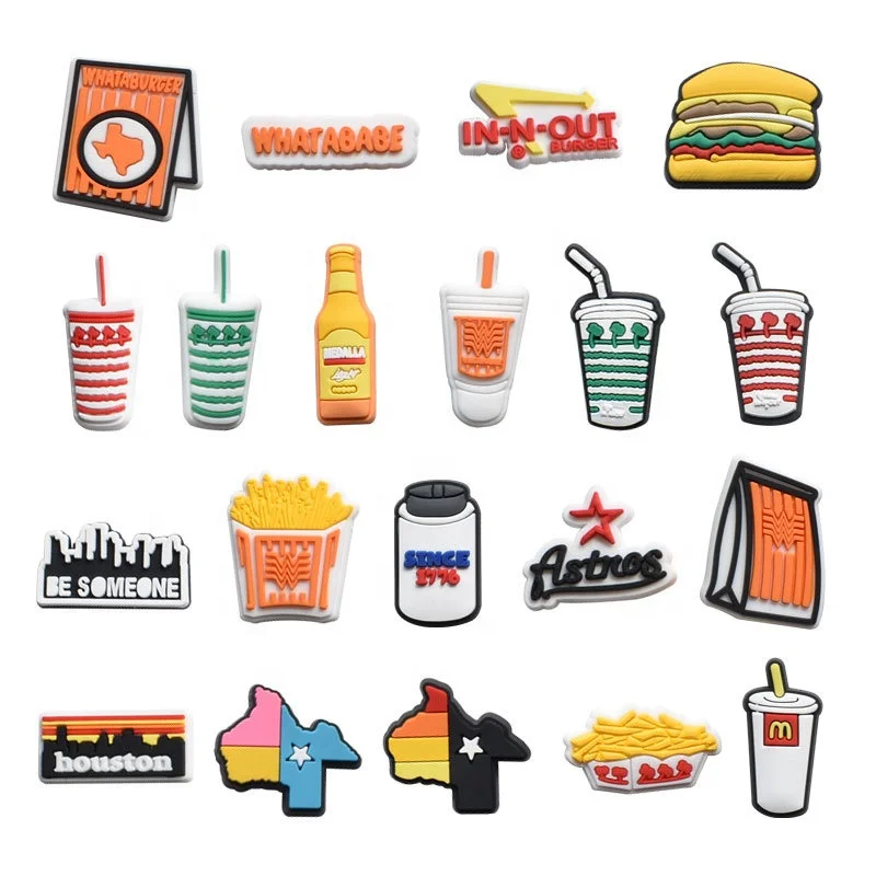 

2022 Hamburger Designer whataburger Diy Custom Clogs Decoration Fried chicken drinks Charm Accessories Pvc Charms, As picture