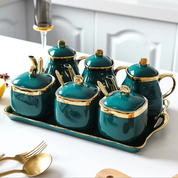 

Luxury style gold rim decor coffee pot cup tray spoon 4 pcs ceramic coffee set, Dark green-gold