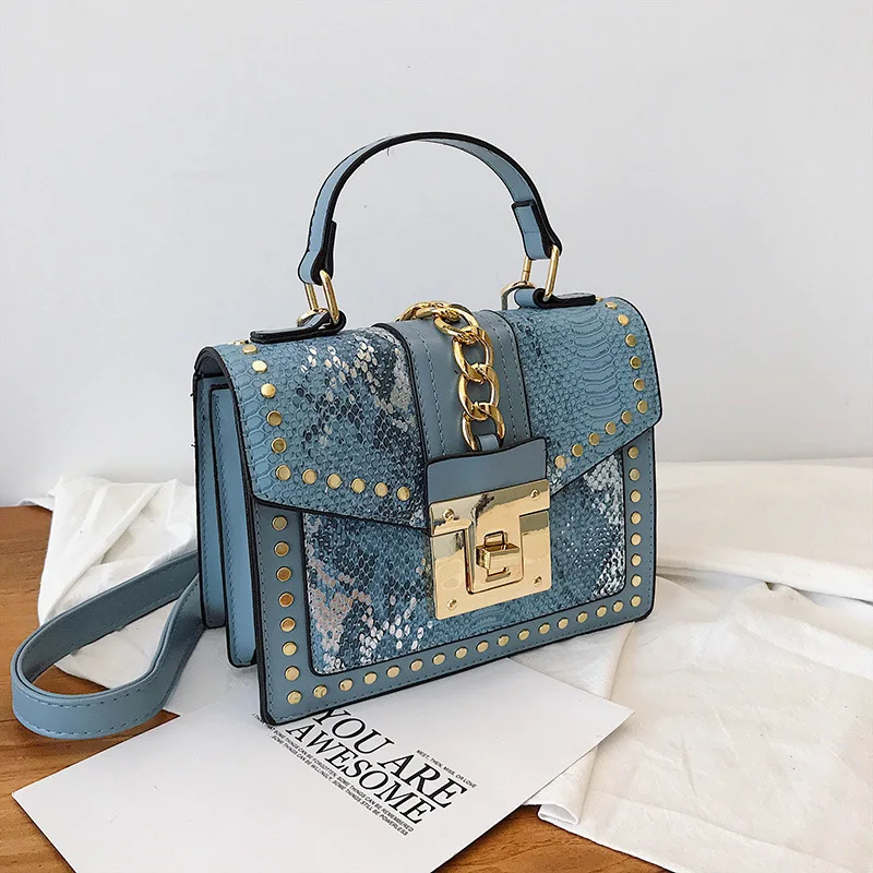 

2020 Designers famous brands pu leather luxury snakeskin print shoulder crossbody bags rivet purse and handbags women, 7colors
