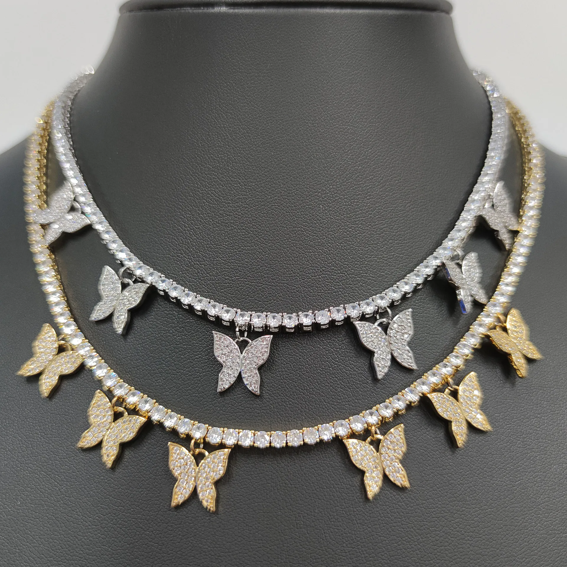 

Vintage Luxury Bling Full Diamond Tennis Chain Gold Plated Micro Cubic Zircon Brass Hip Hop Butterfly Necklace For Women