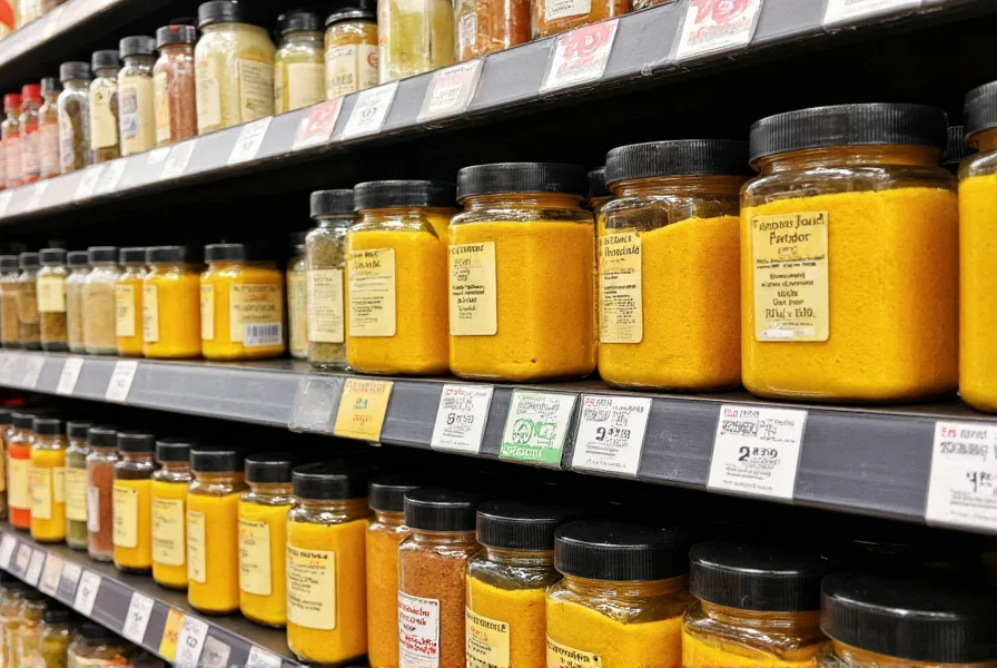 Turmeric powder containers arranged on grocery store spice aisle with price tags visible