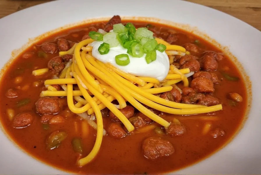 Finished bowl of chili with tomato soup topped with cheese, sour cream, and green onions