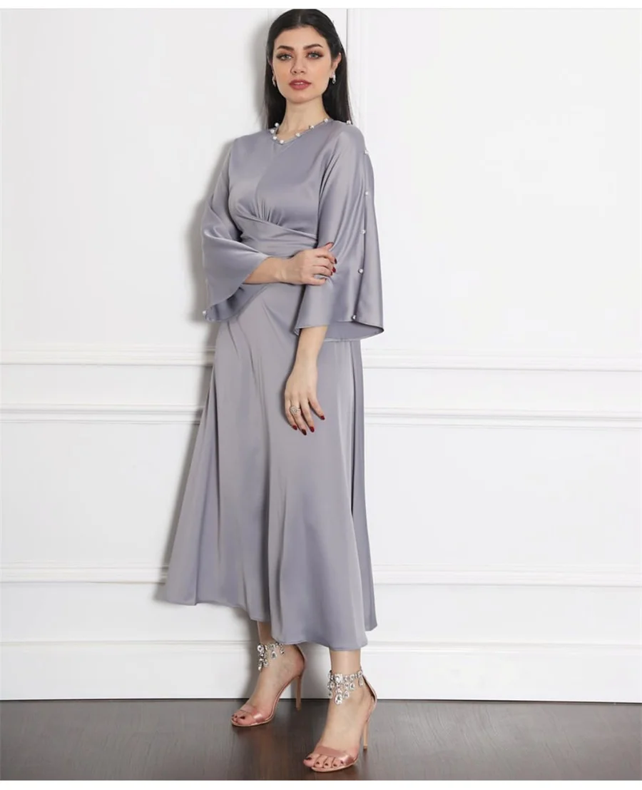 

Soft Satin Maxi Dress for Women Grey Dubai Arabic Quality Kaftan Abayas Fashion Muslim Self-Belted Robe Fall 2020 New