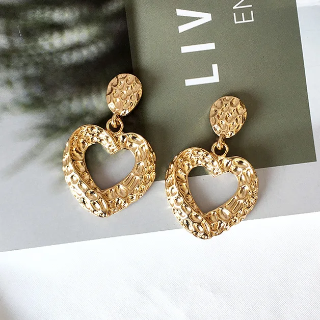 

Exaggerated Statement Matte Gold Metal Heart Drop Earrings Big Gold Heart Earrings