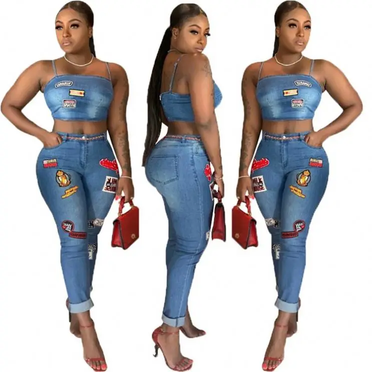

KG0147 New Arrival Cartoon Appliques Released Hem Denim Jeans Crop Top New Fall Women Clothing Two Piece Sets