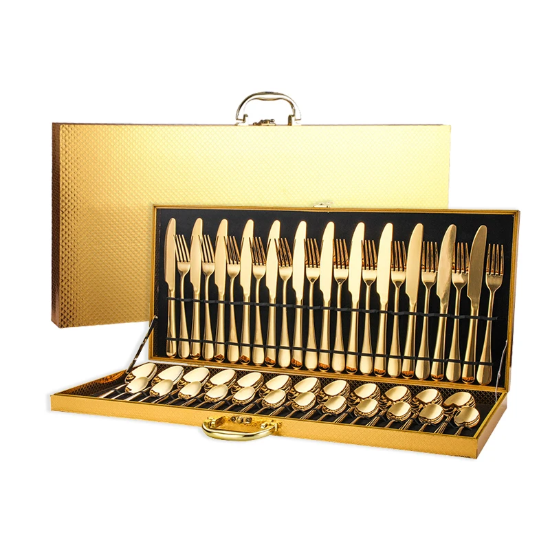 

Custom Wholesale Restaurant Knife Spoon Fork Flatware Luxury Stainless Steel Gold 48pcs Cutlery Set With Wooden Box For Wedding, Black,gold,sliver,colorful,rose gold,customized