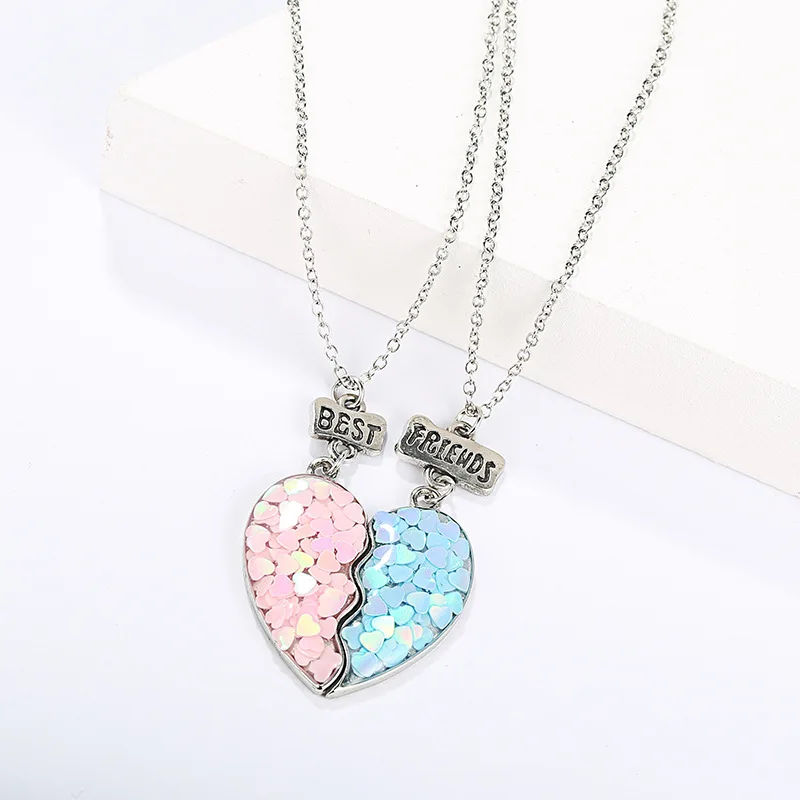 

2Pcs Best Friend Necklace Girls Friendship Colorful Stitching Heart Paired Pendants Couple Necklace BFF Children's Jewelry Gift