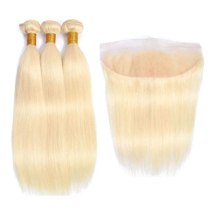 

Young Girl Virgin Cuticle Aligned Raw Hair Extensions,Blonde 613 Straight 3 Bundles With Pre Plucked HD Lace Frontal Wholesale, Natural color can be dyed