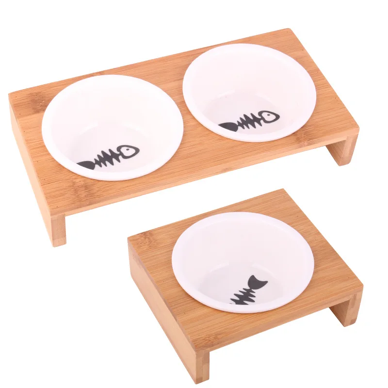 

Eco-Friendly Bamboo Rack Ceramic Anti-Overturning Cat Dog Food Bowl Ceramic Basin Waterer Pet Bowl Feeders