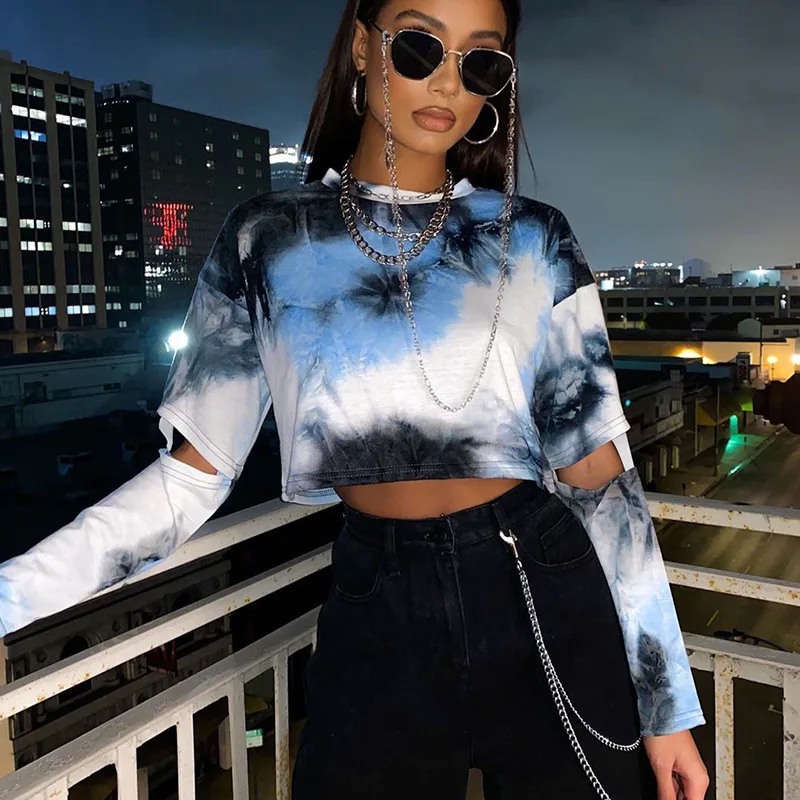 

WW-0223 Cut Sleeve To Dye Printing Fashion Street Long-sleeved Loose T-shirts Jacket That Show Hilum Tie Dye Fashion Crop Women, Customized color