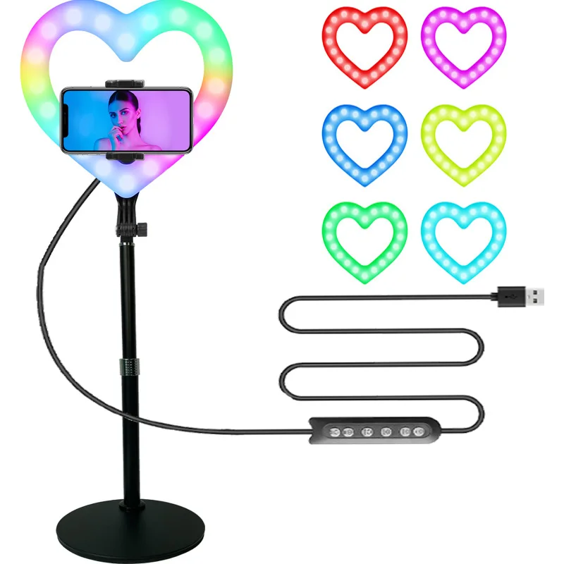 

RGB LED heart-shaped ring light 10 inch with table tripod bracket kit for mobile phone selfie video dimmable makeup video live