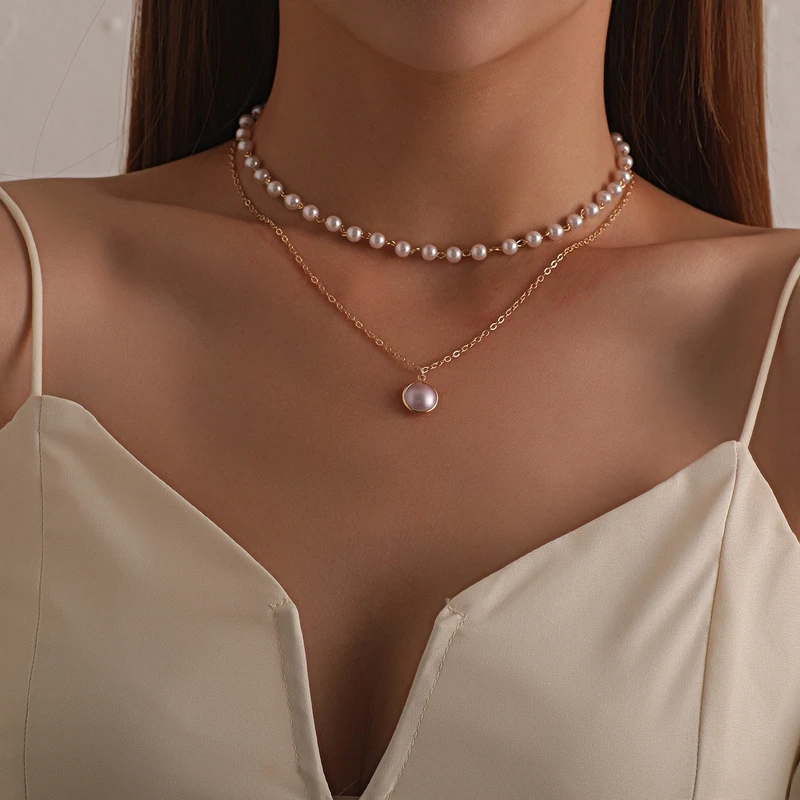 

2021 New Fashion Kpop Pearl Choker Necklace Cute Double Layer Chain Pendant For Women Jewelry Girl Gift