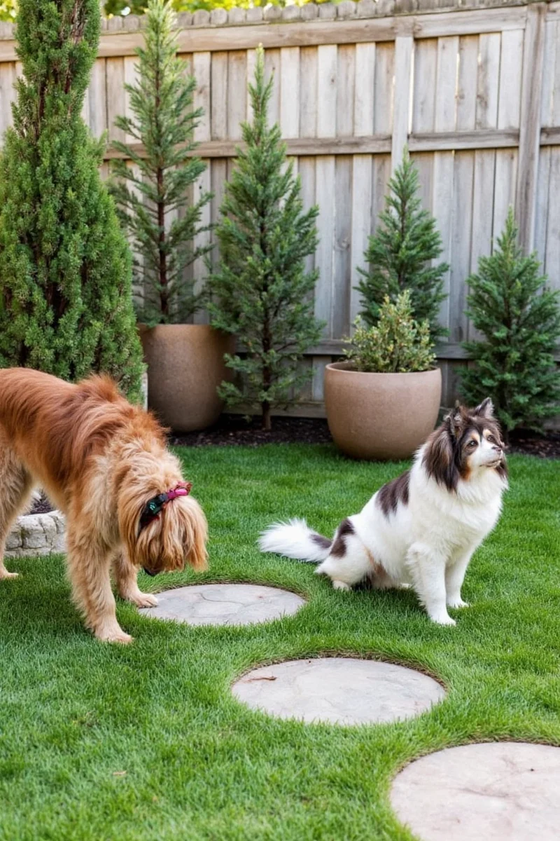 Close-up of artificial turf with paw prints in a sunny backyard