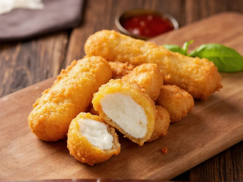 Golden fried homemade mozzarella sticks on wooden board