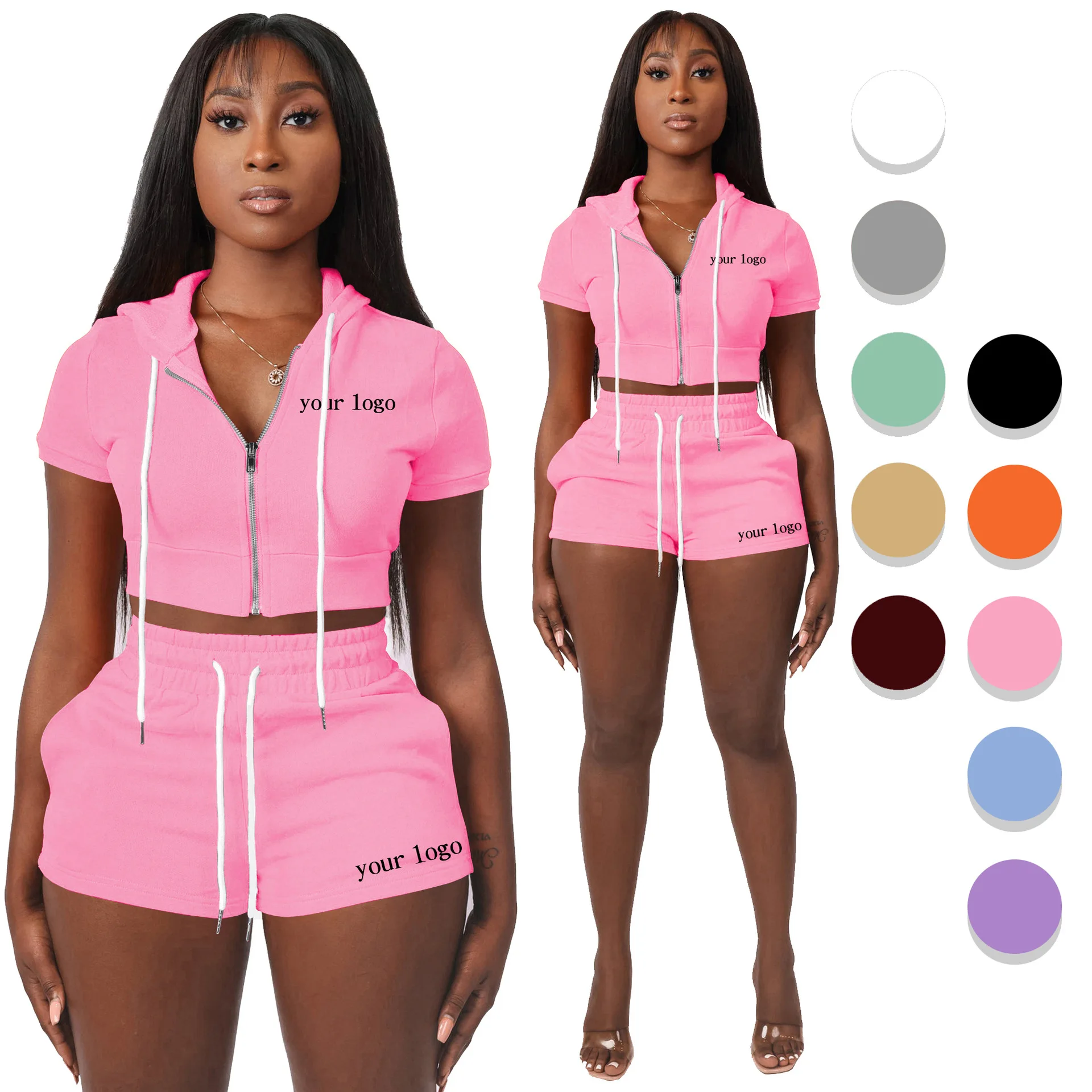 

Custom Logo Hoodie 2 Piece Short Set Women Zip Up Hooded Crop Top Hoodie Sweatshirt And Sweat Two Piece Short Set Women