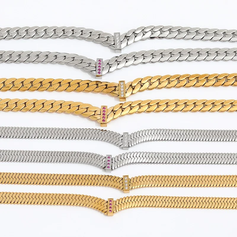 

Joolim Jewelry 18K Gold Plated Clear Red Zirconia Herringbone Band Chain Necklace Stainless Steel Jewelry Wholesale