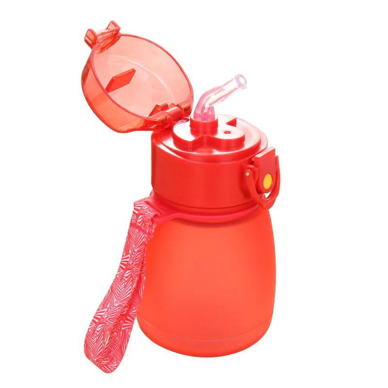

Food-grade Children plastic water bottle with straw lid and double portable handle, Gray,blue,pink,white