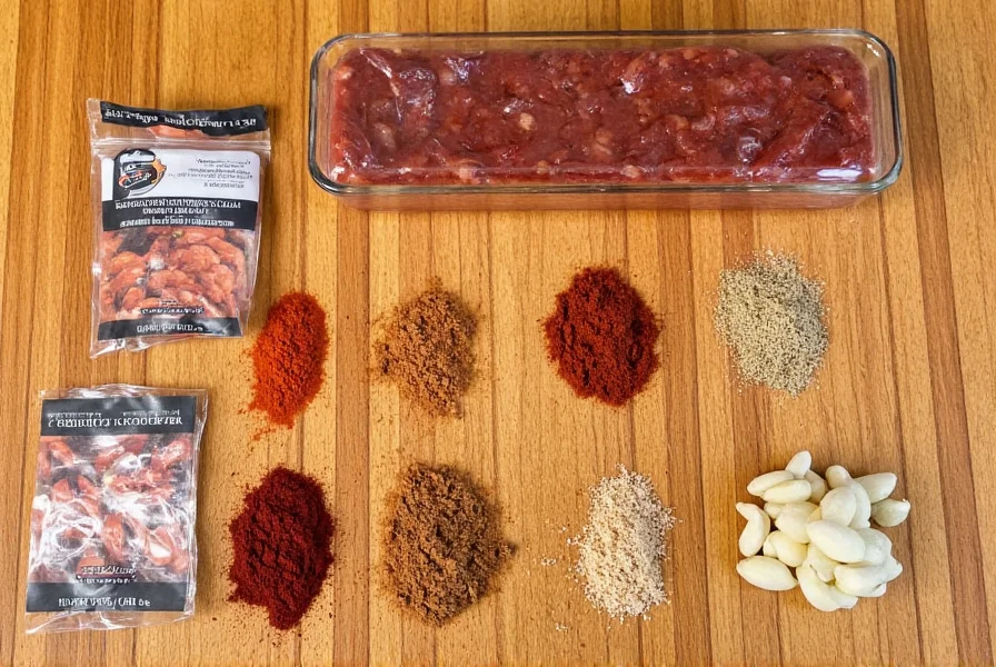Two alarm chili kit ingredients spread out on wooden table showing chili powder, cumin, garlic powder, and seasoning packets