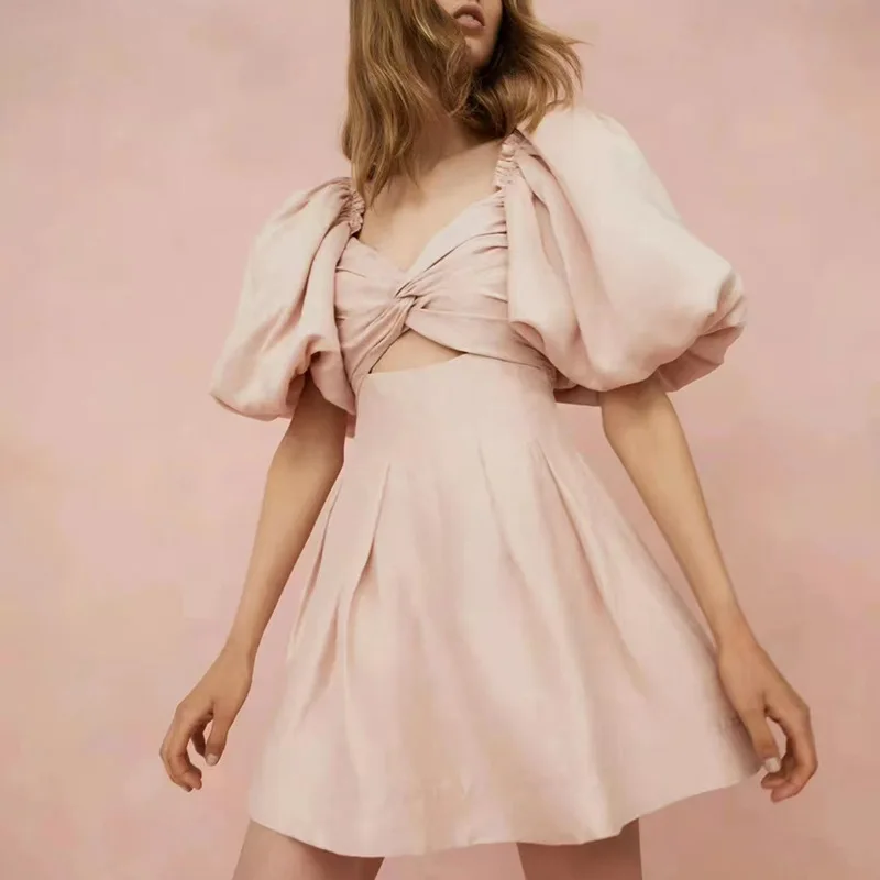 

Ropa De Mujer New Style 2022 Uk Dresses Ladies Woman Clothing Lantern Sleeve Pleated Mini Teenagers Hot Pink Dress