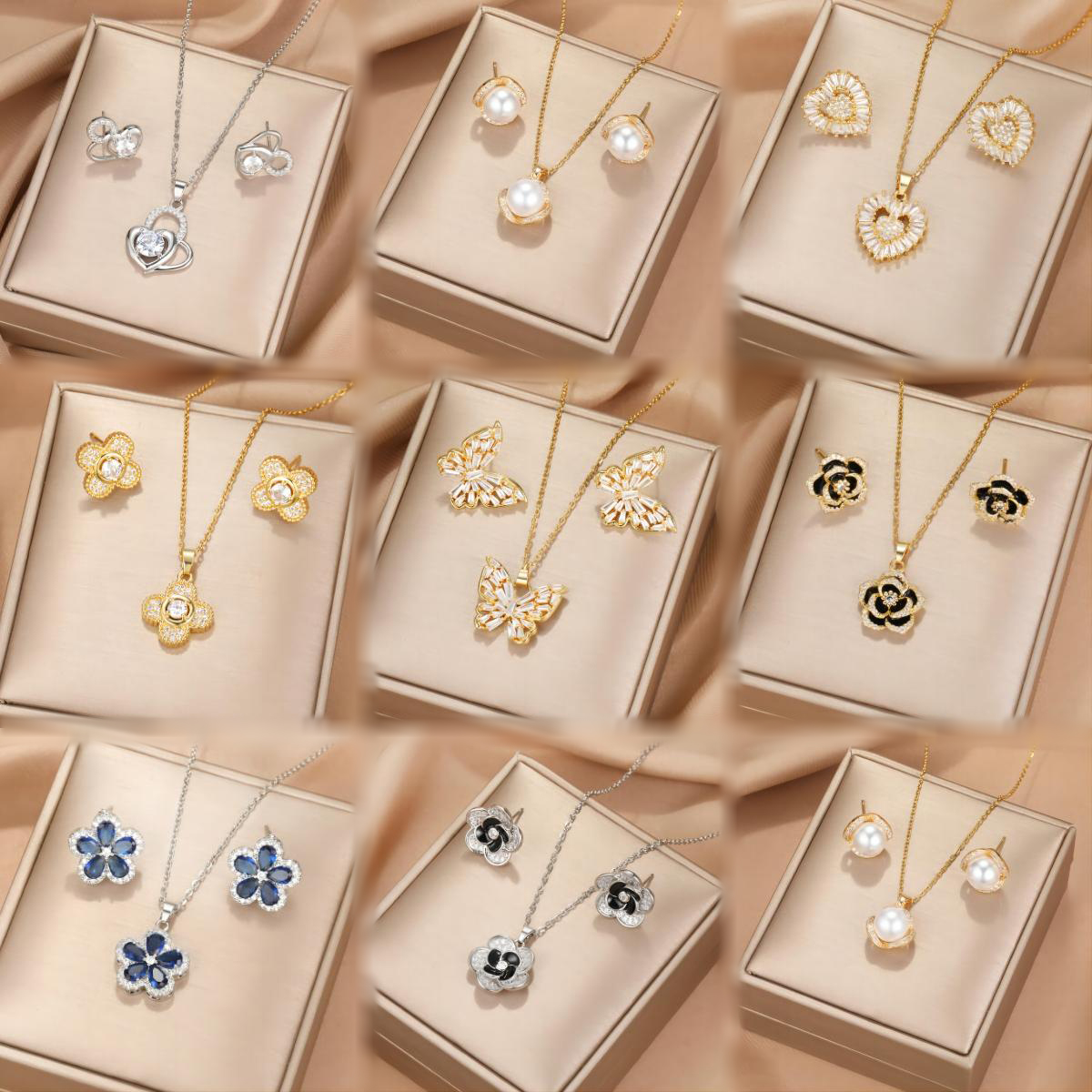 

Stainless Steel Heart Flower Diamond Necklace Earrings Set Gold Hollow Butterfly Clover Zircon Pearl For Women Jewelry Set