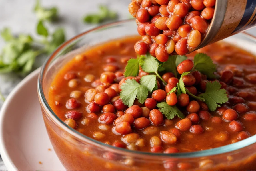 Close-up of canned chili beans poured into a glass bowl with fresh cilantro garnish